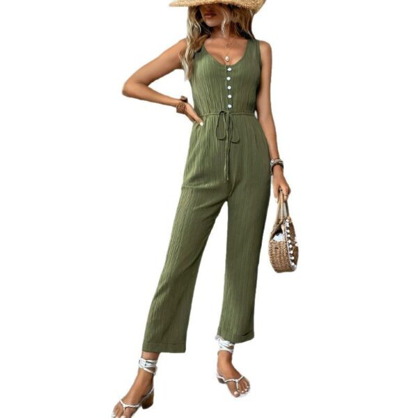 Casual Jumpsuit Drawstring Sleeveless Solid Color One-piece Trousers - Image 5