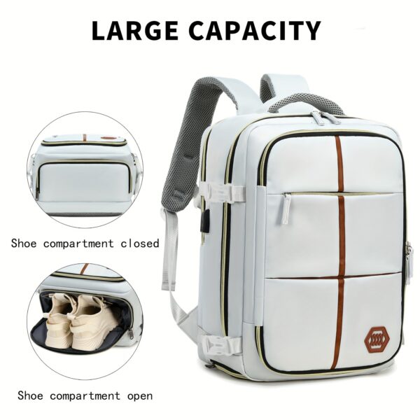 Airline-Approved Travel Backpack for Men & Women - Stylish White & Black Laptop Bag with Shoe Compartment, Adjustable Straps, USB Charging Port - Durable Polyester, Multi-Compartment Outdoor & School Backpack - Image 10