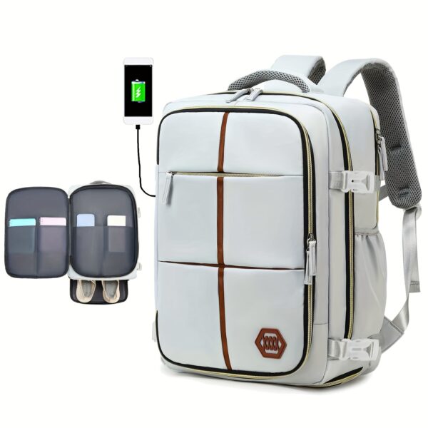 Airline-Approved Travel Backpack for Men & Women - Stylish White & Black Laptop Bag with Shoe Compartment, Adjustable Straps, USB Charging Port - Durable Polyester, Multi-Compartment Outdoor & School Backpack - Image 7