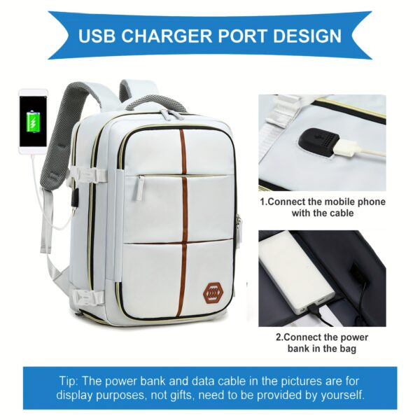 Airline-Approved Travel Backpack for Men & Women - Stylish White & Black Laptop Bag with Shoe Compartment, Adjustable Straps, USB Charging Port - Durable Polyester, Multi-Compartment Outdoor & School Backpack - Image 8